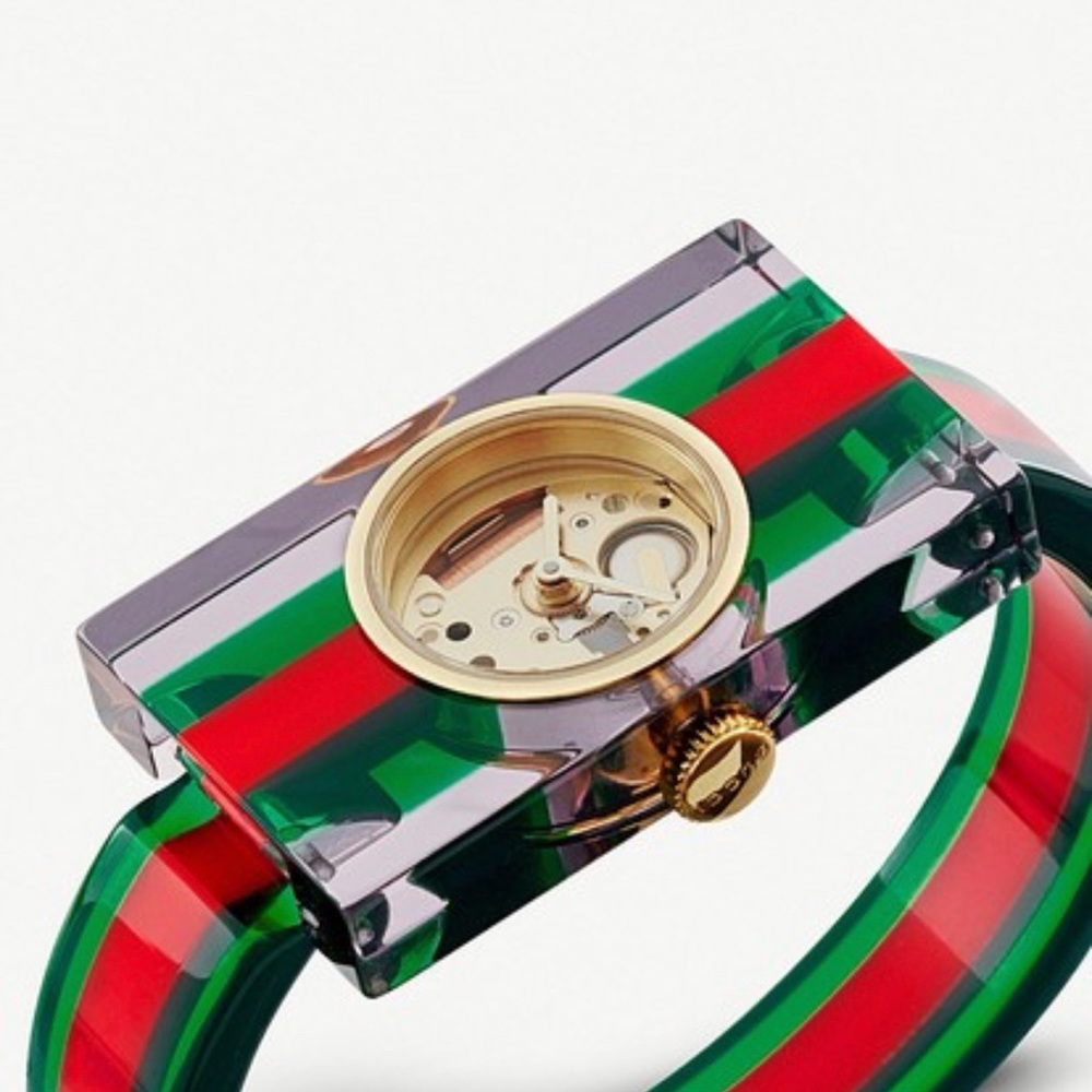 Transparent Plexiglas and Green-Red-Green Web Bangle Bracelet Watch